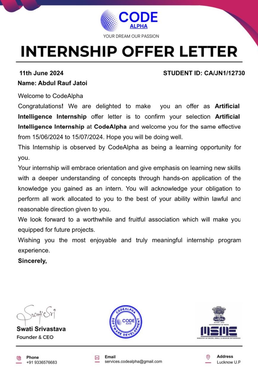 AI Engineer at CodeAlpha (Internship)